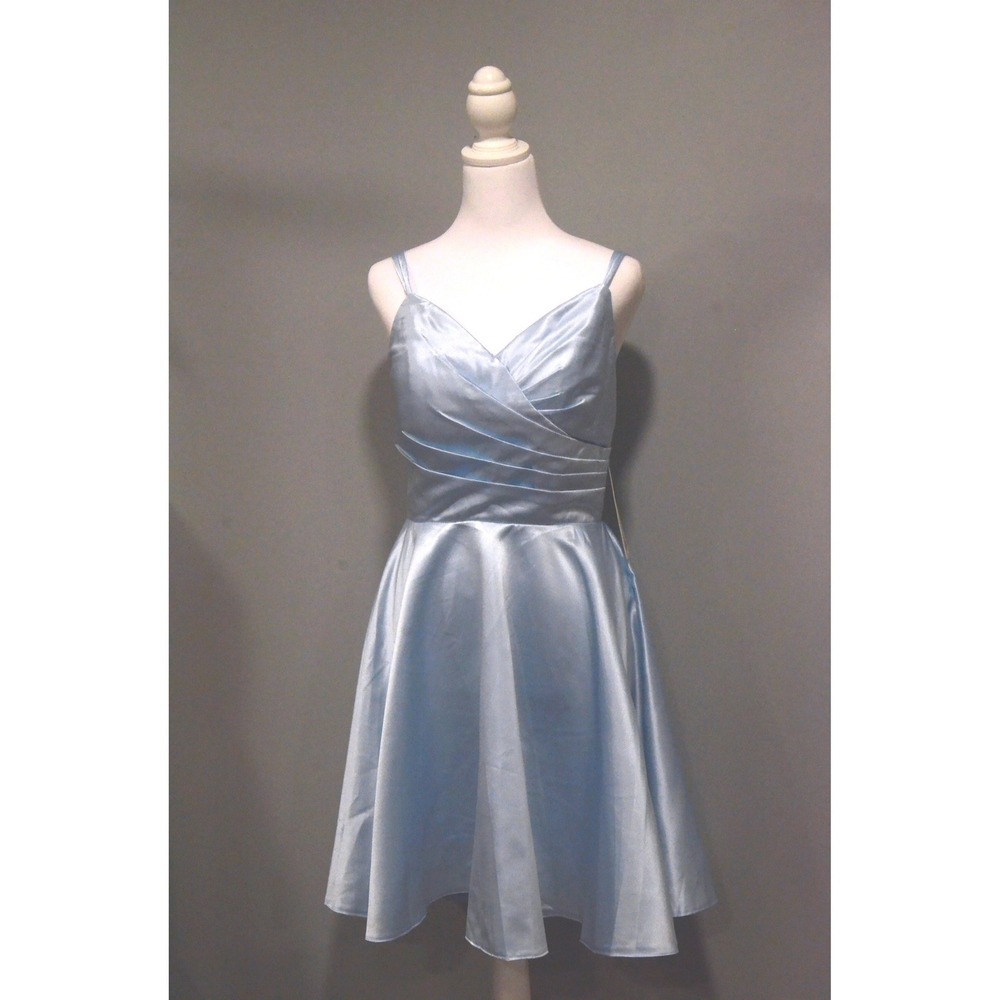 Boutique NWT Light Blue Satin Lace Up Back Pleated Semi Formal Mini Dress